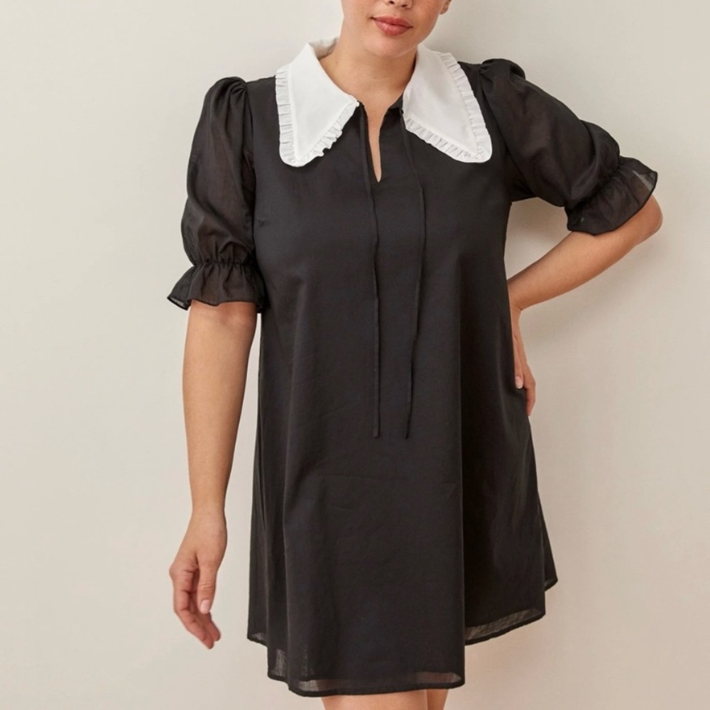 Reformation Driftwood Dress Peter Pan Collar Mini Black White  Relaxed Fit  M